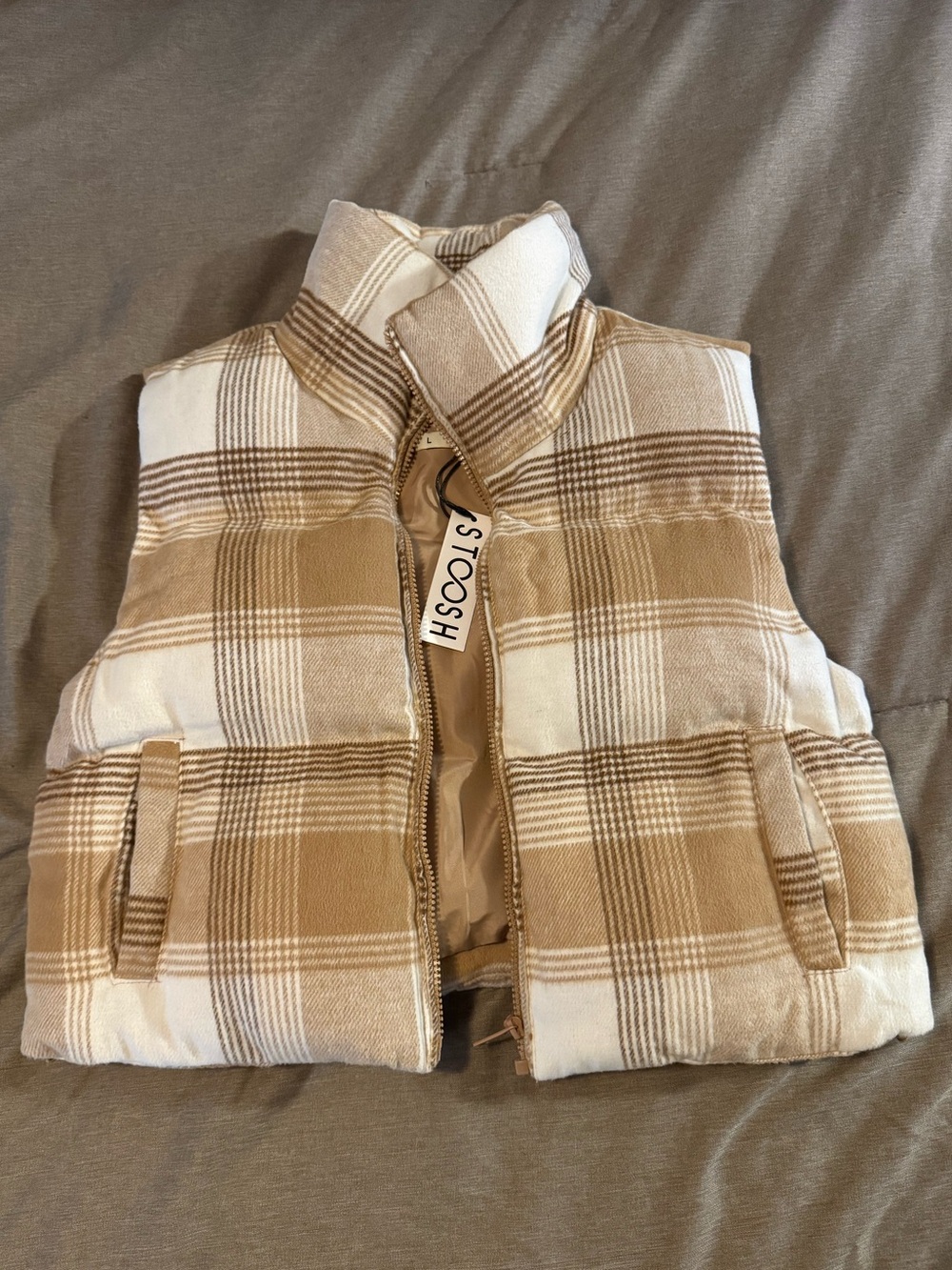 Stoosh Beige & Cream Plaid Quilted Vest